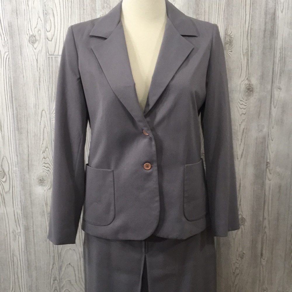 Vintage 80s Regal Solid Gray Skirt Suit Set 14 Blazer Midi Classic